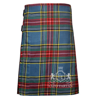 Men's MacBeth Ancient Tartan Kilt showing traditional knife pleats in a soft blue and green sett, intricately intersected by dark bands and vivid red and yellow overcheck