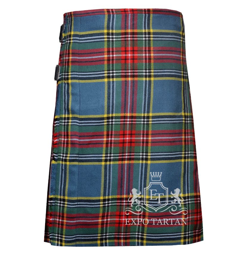Men's MacBeth Ancient Tartan Kilt showing traditional knife pleats in a soft blue and green sett, intricately intersected by dark bands and vivid red and yellow overcheck