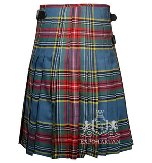 Men's MacBeth Ancient Tartan Kilt showing traditional knife pleats in a soft blue and green sett, intricately intersected by dark bands and vivid red and yellow overcheck