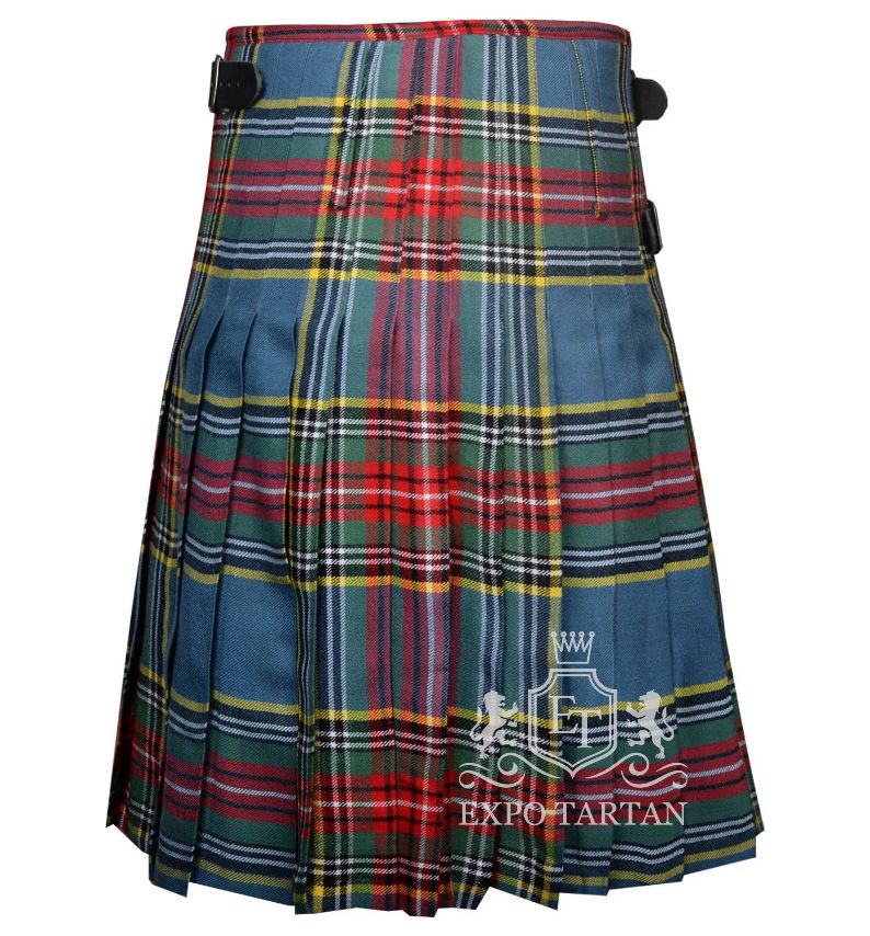 Men's MacBeth Ancient Tartan Kilt showing traditional knife pleats in a soft blue and green sett, intricately intersected by dark bands and vivid red and yellow overcheck