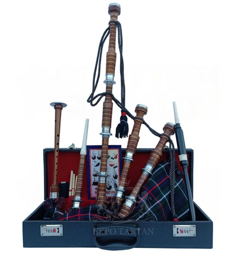 Mackenzie Modern Tartan Bagpipe Set Brown & Silver Finish With Hard Case