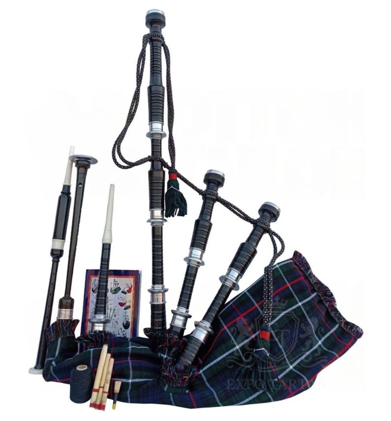 Mackenzie Modern Tartan Black With Silver Finish Bagpipe Set With Hard Case