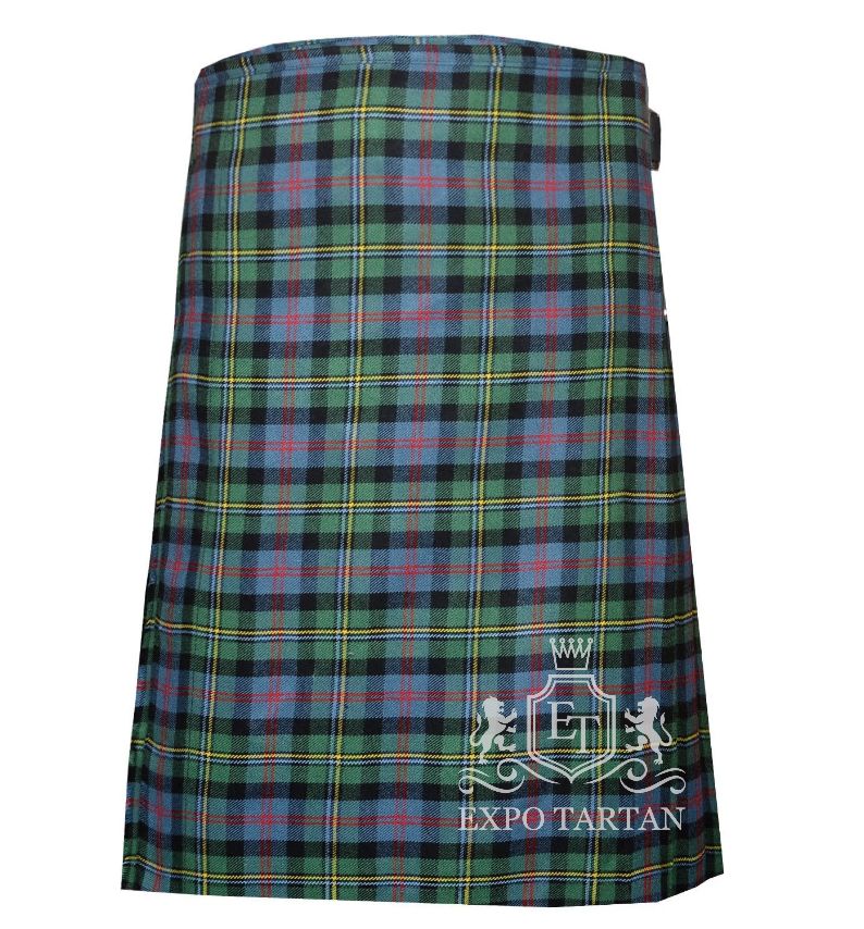 Men's Malcolm Ancient Tartan Kilt showing traditional knife pleats and black leather side straps in a light blue and green sett, intricately intersected by black bands and red and yellow overchecks