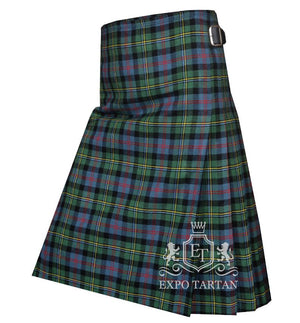 Men's Malcolm Ancient Tartan Kilt showing traditional knife pleats and black leather side straps in a light blue and green sett, intricately intersected by black bands and red and yellow overchecks