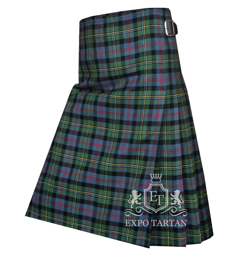 Men's Malcolm Ancient Tartan Kilt showing traditional knife pleats and black leather side straps in a light blue and green sett, intricately intersected by black bands and red and yellow overchecks