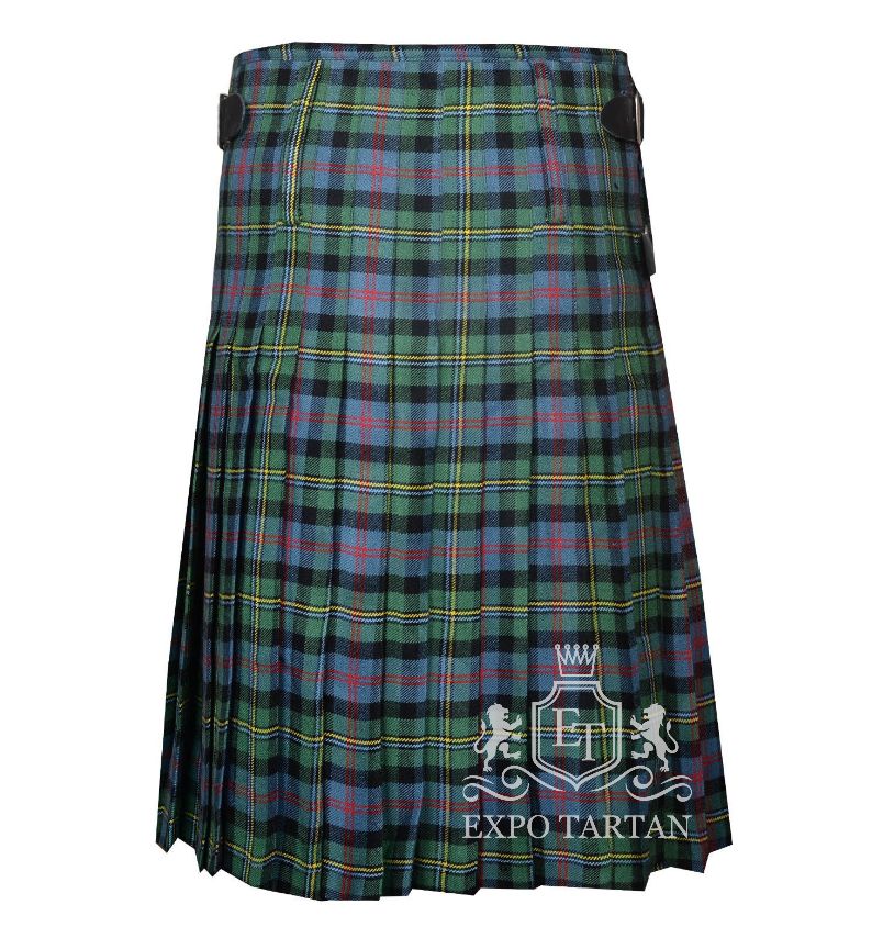 Men's Malcolm Ancient Tartan Kilt showing traditional knife pleats and black leather side straps in a light blue and green sett, intricately intersected by black bands and red and yellow overchecks