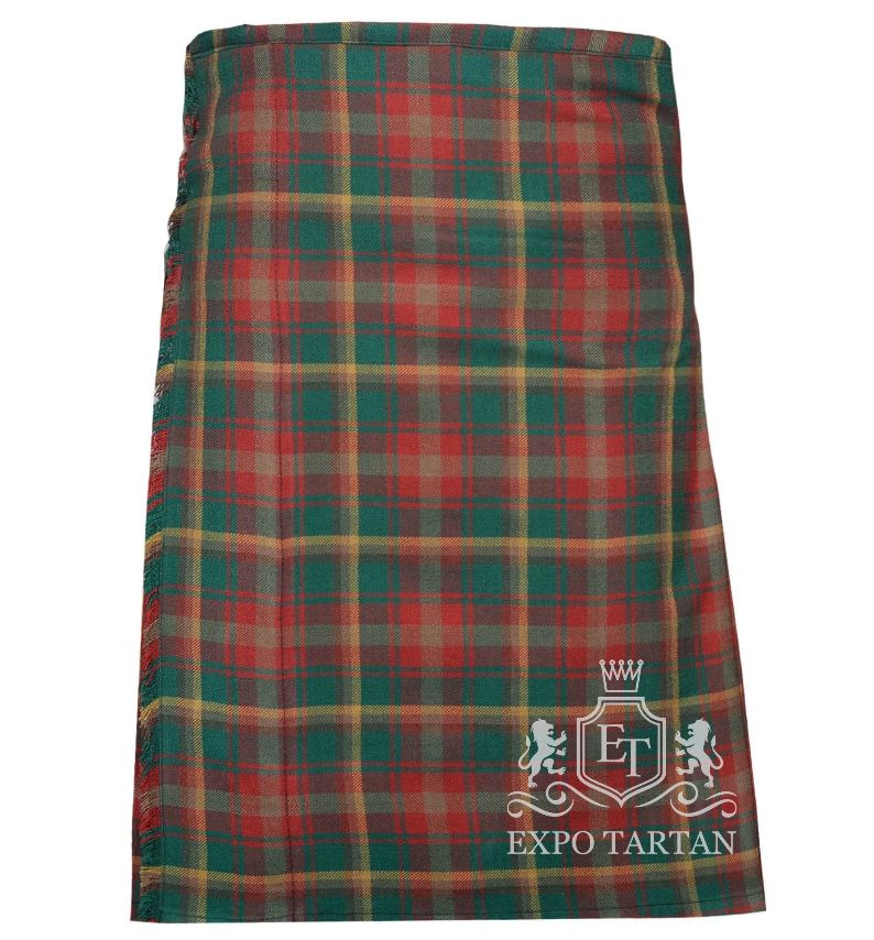Men's Maple Leaf Tartan Kilt showing traditional knife pleats in a vibrant forest green and earthy red sett, intricately intersected by brown bands and fine golden yellow overcheck