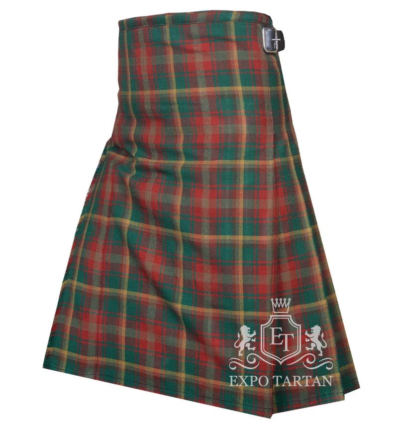 Men's Maple Leaf Tartan Kilt showing traditional knife pleats in a vibrant forest green and earthy red sett, intricately intersected by brown bands and fine golden yellow overcheck