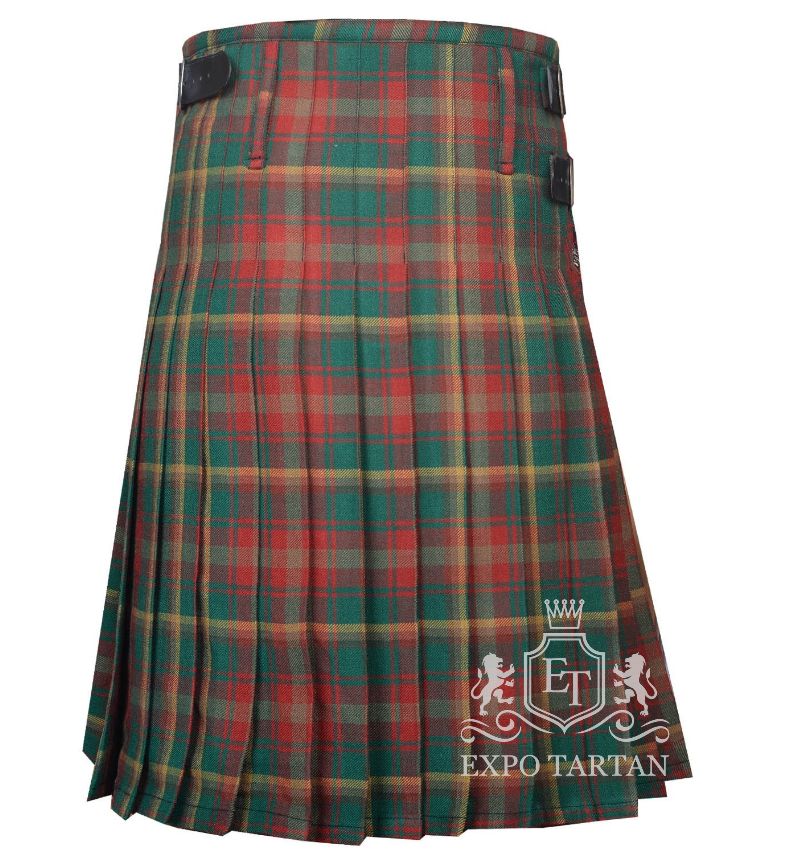 Men's Maple Leaf Tartan Kilt showing traditional knife pleats in a vibrant forest green and earthy red sett, intricately intersected by brown bands and fine golden yellow overcheck