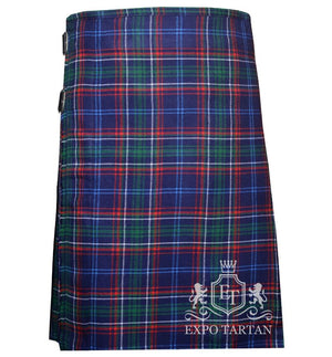 Men's Massachusetts Tartan Kilt showing traditional knife pleats and black leather side straps in a deep navy blue and green sett, intricately intersected by bright red and light blue overcheck