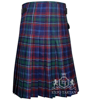 Men's Massachusetts Tartan Kilt showing traditional knife pleats and black leather side straps in a deep navy blue and green sett, intricately intersected by bright red and light blue overcheck