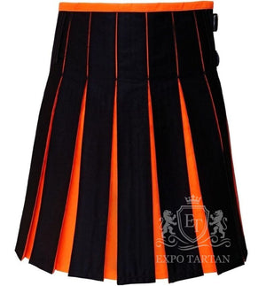 Men's Black Hybrid Utility Kilt Orange Pleats, Adjustable Straps