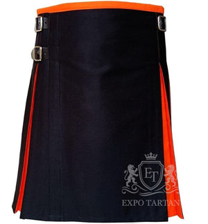 Men's Black Hybrid Utility Kilt Orange Pleats, Adjustable Straps