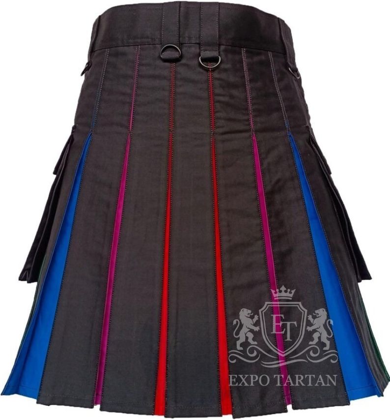 Men's Brown Utility Kilt Rainbow Pleats, Gothic Pride Festival Wear back