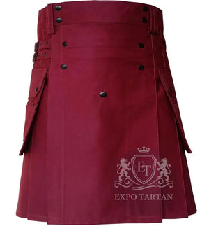 Men's Maroon Cotton Utility Kilt Gothic Cargo Pockets