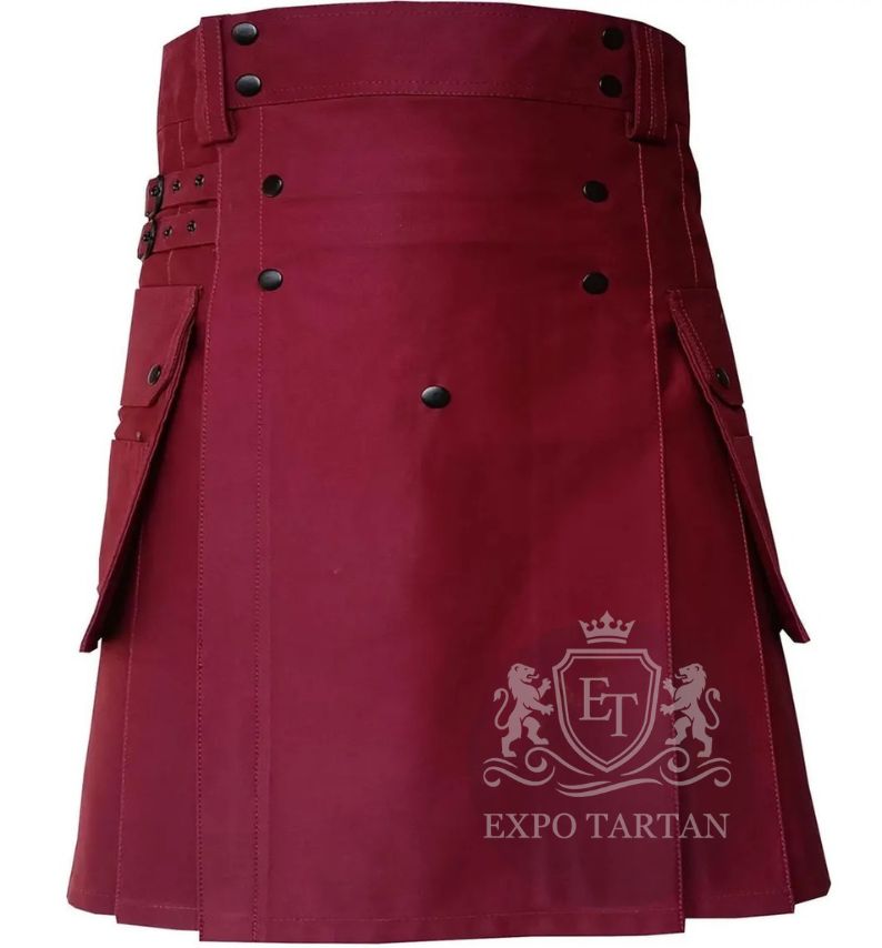 Men's Maroon Cotton Utility Kilt Gothic Cargo Pockets