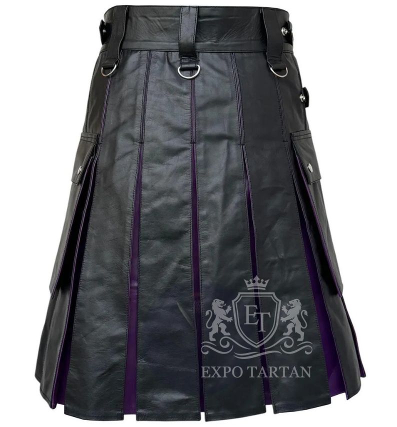 Men's Gothic Black & Purple Leather Utility Kilt 