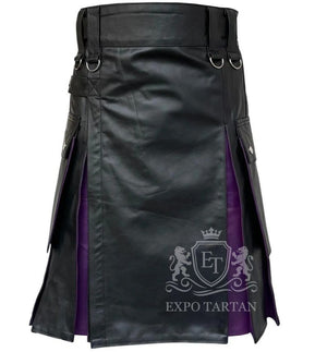 Men's Gothic Black & Purple Leather Utility Kilt 