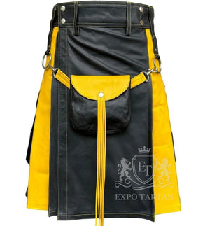 Men’s Black and Yellow Leather Utility Kilt – Steampunk Gothic Fashion & Highland Wear