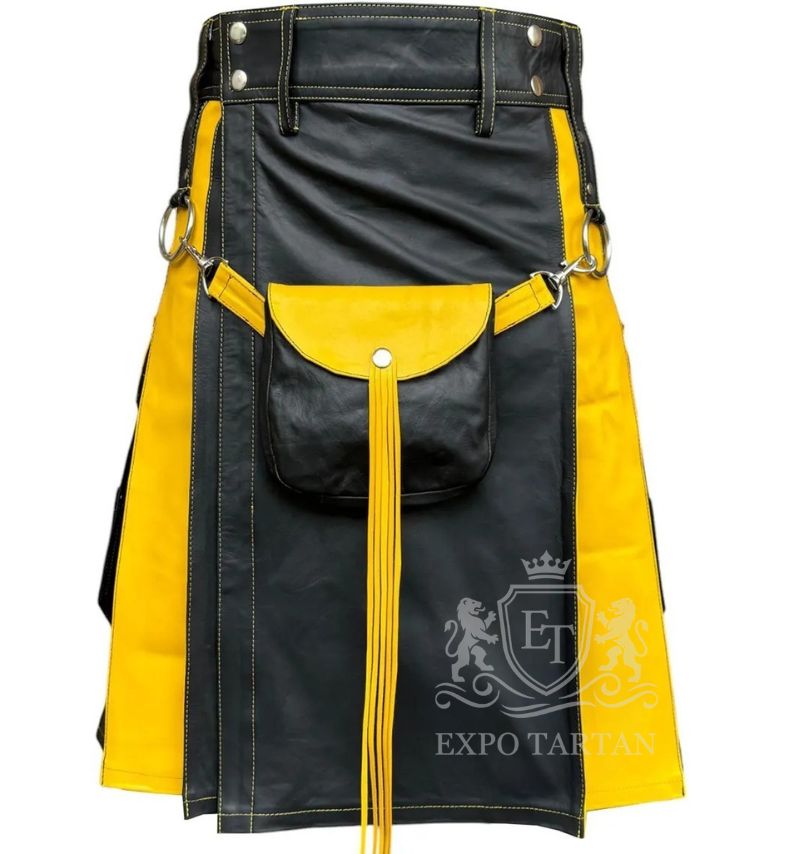 Men’s Black and Yellow Leather Utility Kilt – Steampunk Gothic Fashion & Highland Wear