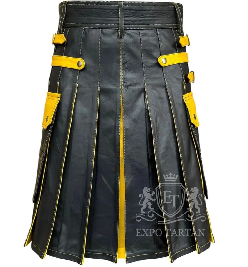 Men’s Black and Yellow Leather Utility Kilt – Steampunk Gothic Fashion & Highland Wear