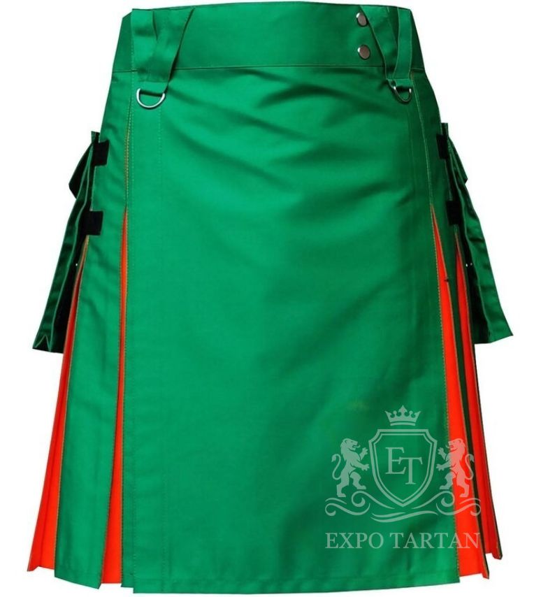 Men's  Heavy Cotton Green Hybrid Utility Kilt with Orange Pleats