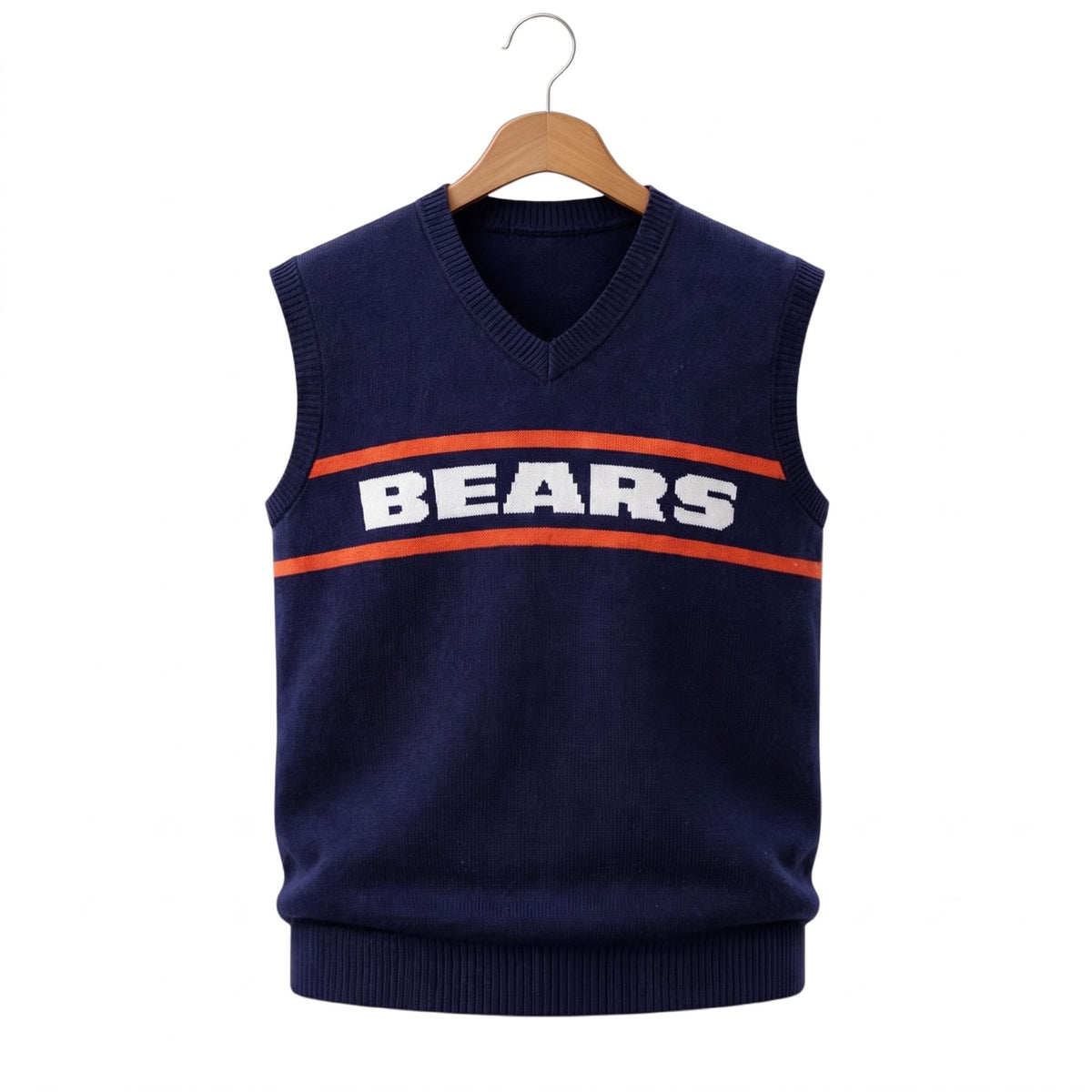 Front view of Mike Ditka Chicago Bears Sweater, Retro Navy Blue Cable Knit Vest, Vintage Football Game Day Jacket, 80s NFL Vintage