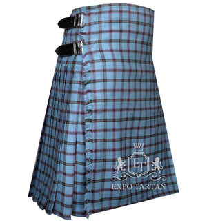 Men's Moriarty Tartan Kilt showing traditional knife pleats and black leather side straps in a vibrant light sky blue sett, intricately intersected by dark grid lines and deep red overcheck