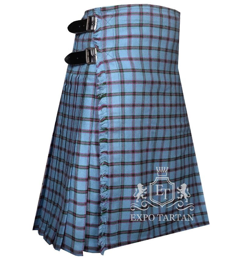 Men's Moriarty Tartan Kilt showing traditional knife pleats and black leather side straps in a vibrant light sky blue sett, intricately intersected by dark grid lines and deep red overcheck
