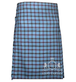 Men's Moriarty Tartan Kilt showing traditional knife pleats and black leather side straps in a vibrant light sky blue sett, intricately intersected by dark grid lines and deep red overcheck