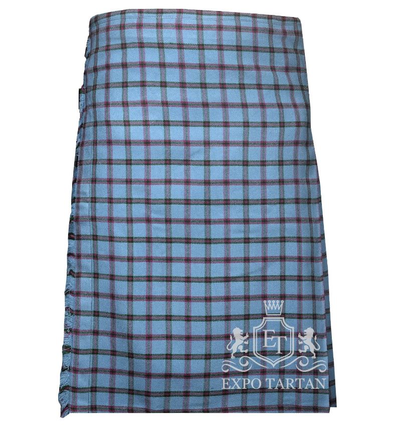 Men's Moriarty Tartan Kilt showing traditional knife pleats and black leather side straps in a vibrant light sky blue sett, intricately intersected by dark grid lines and deep red overcheck