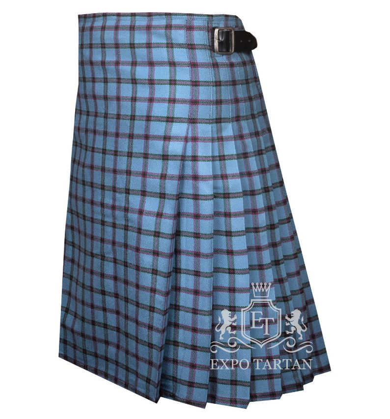 Men's Moriarty Tartan Kilt showing traditional knife pleats and black leather side straps in a vibrant light sky blue sett, intricately intersected by dark grid lines and deep red overcheck