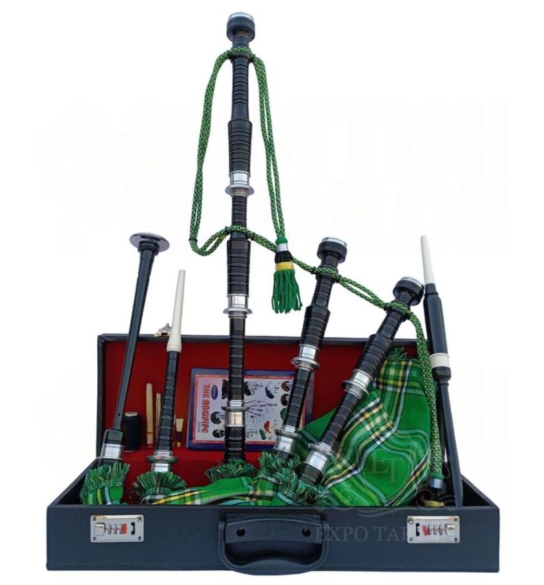 National Irish Tartan Black With Silver Finish Bagpipe Set With Hard Case