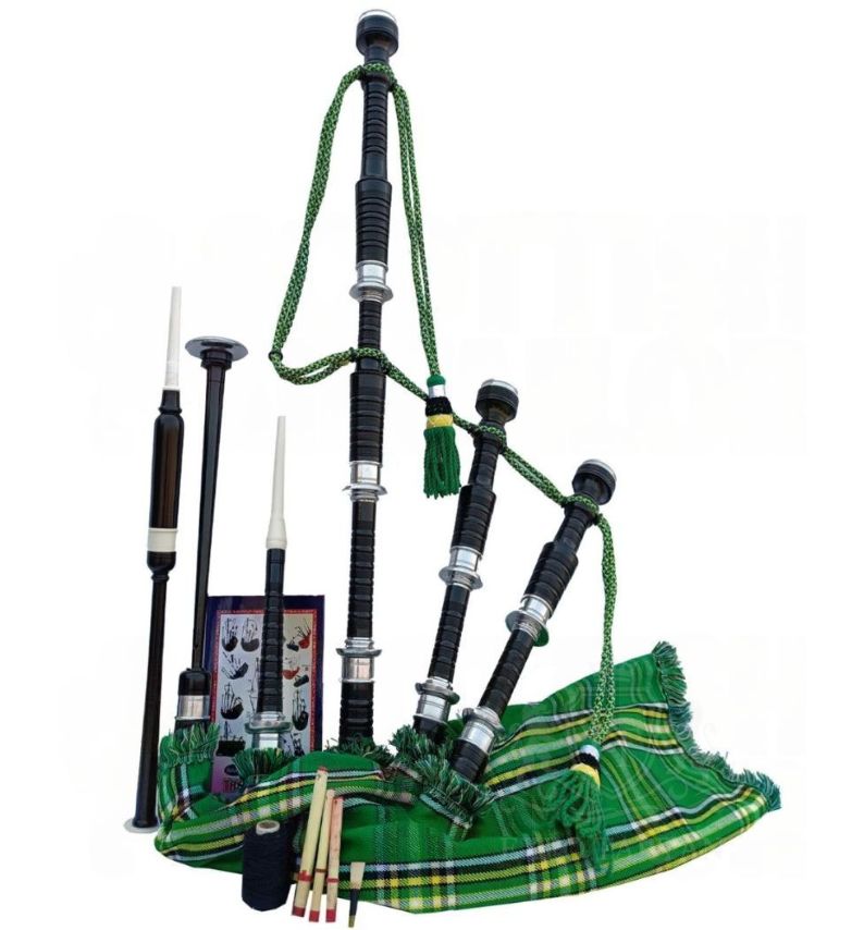 National Irish Tartan Black With Silver Finish Bagpipe Set With Hard Case