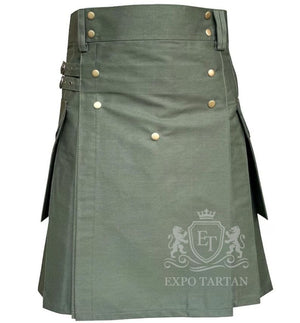 Olive Green Utility Kilt Men's Modern Workwear Kilt with Cargo Pockets