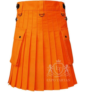 Orange Cotton Utility Kilt Gothic Punk Leather Straps with Cargo Pocket