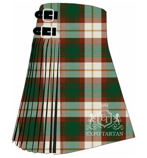 Men's Prince Edward Island Dress Ancient Tartan Kilt showing traditional knife pleats in deep rust red and forest green with a golden-yellow overcheck