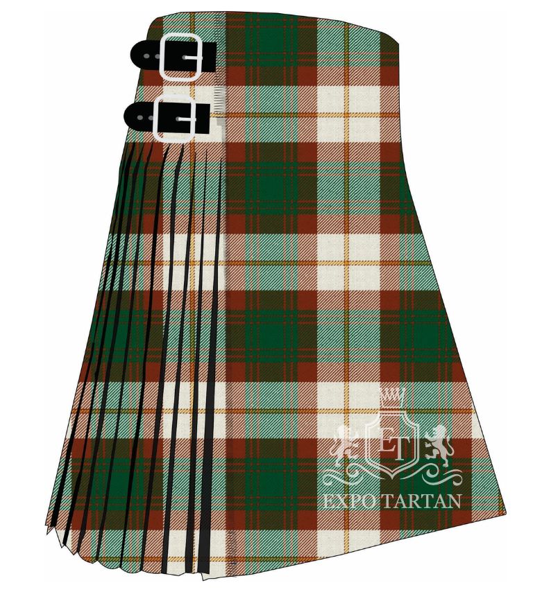 Men's Prince Edward Island Dress Ancient Tartan Kilt showing traditional knife pleats in deep rust red and forest green with a golden-yellow overcheck
