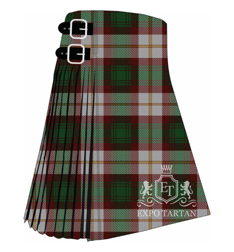 Men's Prince Edward Island Dress Tartan Kilt showing traditional knife pleats in deep rust red and forest green with a golden-yellow and white overcheck