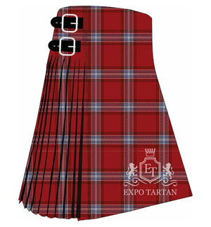 Men's Prince of Denmark Ancient Tartan Kilt showing traditional knife pleats in deep crimson red with light blue and white intersecting lines, fastened with black leather straps and silver buckles