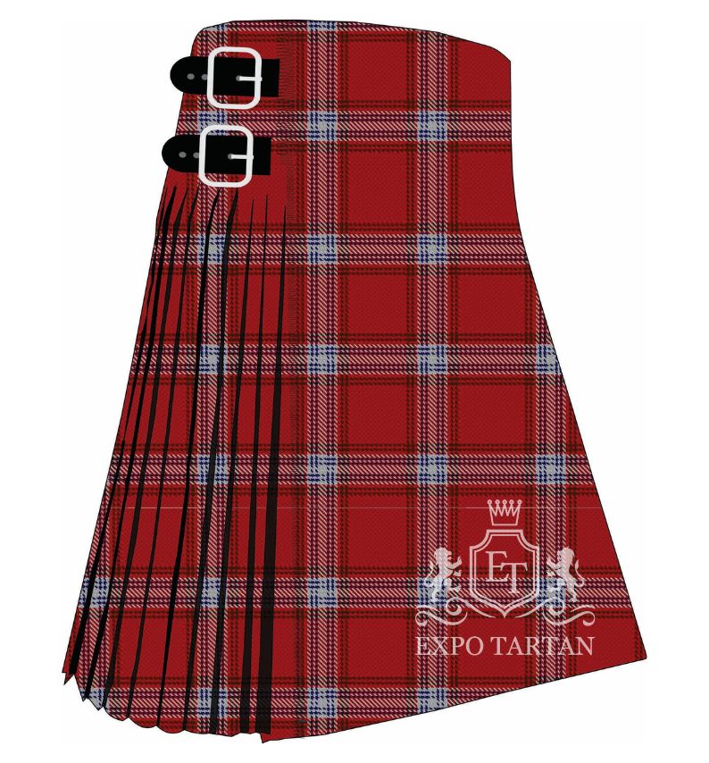 Men's Prince of Denmark Ancient Tartan Kilt showing traditional knife pleats in deep crimson red with light blue and white intersecting lines, fastened with black leather straps and silver buckles
