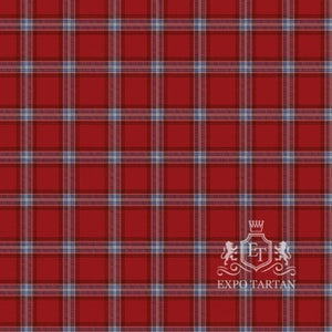 Men's Prince of Denmark Ancient Tartan Swatch showing deep crimson red with light blue and white intersecting lines, fastened with black leather straps and silver buckles