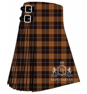 Men's Prince of Orange Tartan Kilt showing traditional knife pleats in an orange-brown and dark brown sett with a fine light blue overcheck