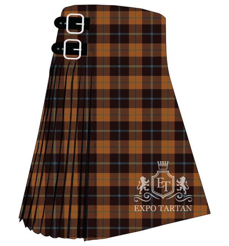 Men's Prince of Orange Tartan Kilt showing traditional knife pleats in an orange-brown and dark brown sett with a fine light blue overcheck