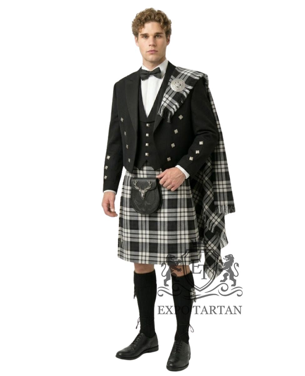 Man wearing a traditional Scottish kilt with a tartan wrap on a white background