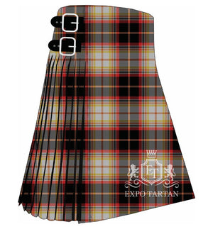 Men's Puffin Atlantic Tartan Kilt showing traditional knife pleats in a deep black and red sett with greyish-white blocks and a golden-yellow overcheck
