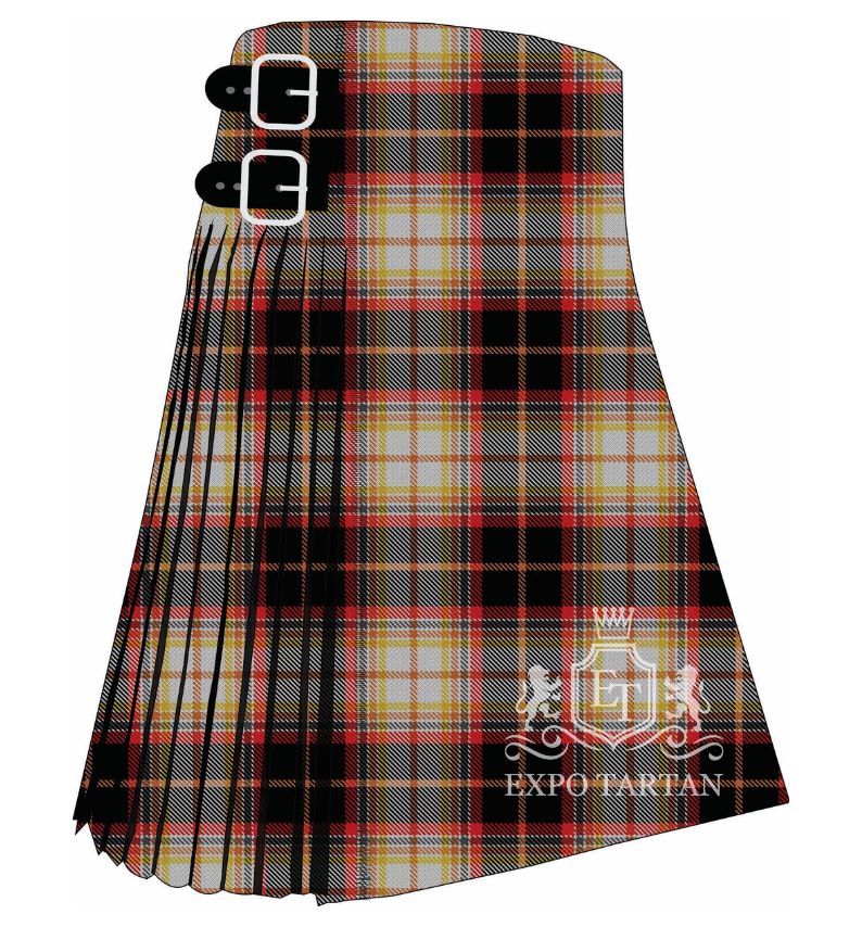 Men's Puffin Atlantic Tartan Kilt showing traditional knife pleats in a deep black and red sett with greyish-white blocks and a golden-yellow overcheck