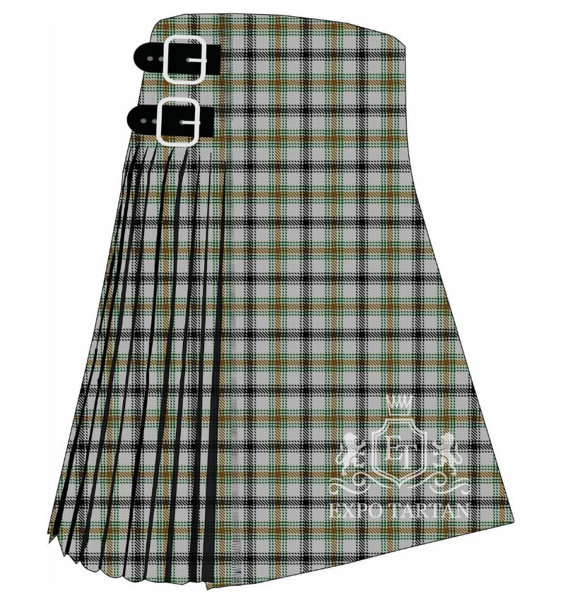 Men's Puffin Tartan Kilt showing traditional knife pleats in a light grey sett with black and brown bands, accented by a green and white overcheck