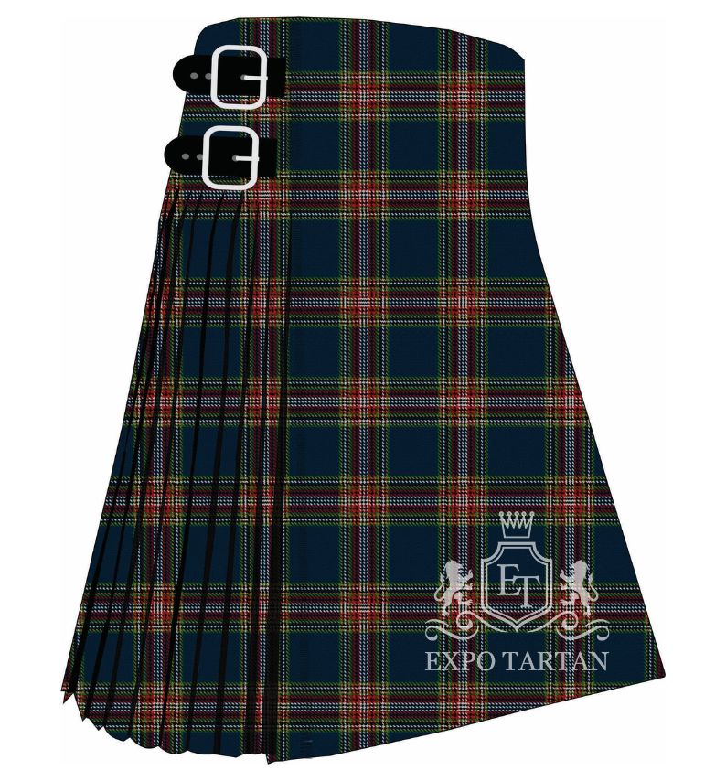 Men's Queanbeyan Tartan Kilt showing traditional knife pleats in a deep navy blue sett with red, white, green, and gold intersecting lines