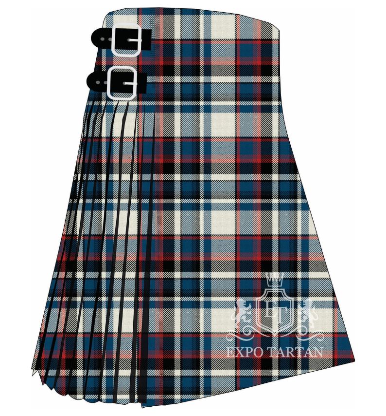 Custom Quebec Centennial Ancient Tartan Kilt featuring a blue, cream, black, and red plaid pattern by Expo Tartan
